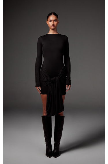 Black Double Contour Long Sleeve Wrap Detail Bodycon Dress