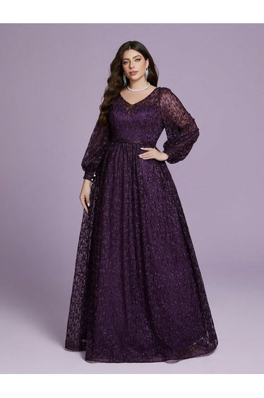 Leely Plus Women's Elegant V Neck Bishop Sleeve Party Dresses