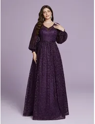 Leely Plus Women's Elegant V Neck Bishop Sleeve Party Dresses - 3