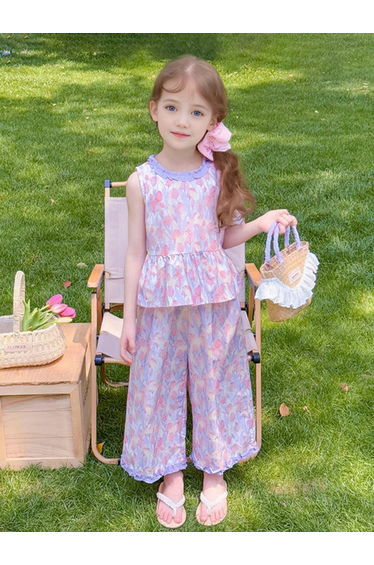 Girls Floral Print Ruffle Neck Top and Pants Set