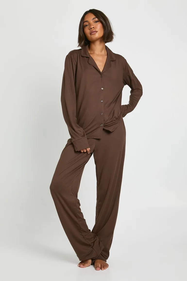 Tall Soft Touch Button Through Shirt and Trouser Pyjama Set - chocolate