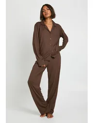 Tall Soft Touch Button Through Shirt and Trouser Pyjama Set - chocolate