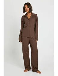 Tall Soft Touch Button Through Shirt and Trouser Pyjama Set - chocolate - 2