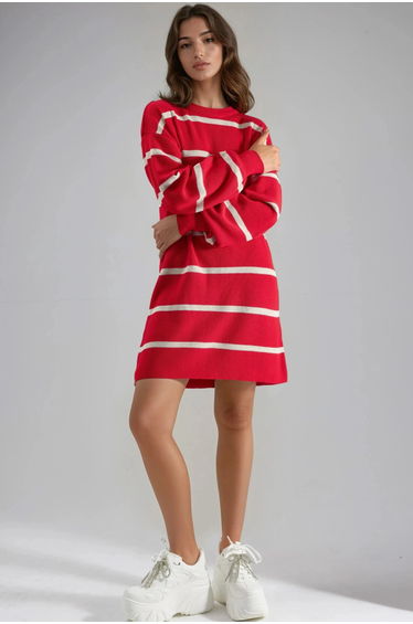 MY FASHION Ribbed Striped Knit Mini Dress with Crew Neck