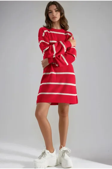 MY FASHION Ribbed Striped Knit Mini Dress with Crew Neck