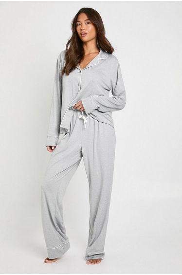 Jersey Piping Detail Long Sleeve Shirt & Trousers Pyjama Set - grey marl