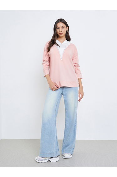 Pink Zip-Up Color Blocked Hoodie