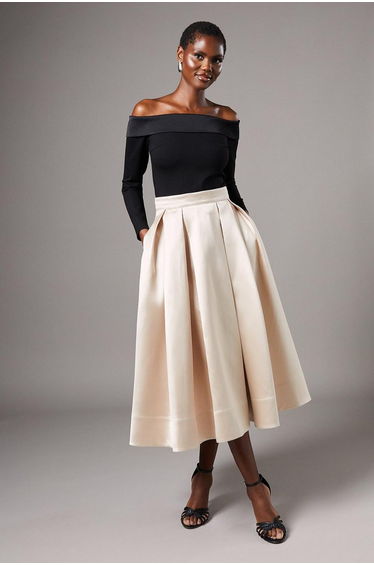 Twill Pleat Midi Skirt