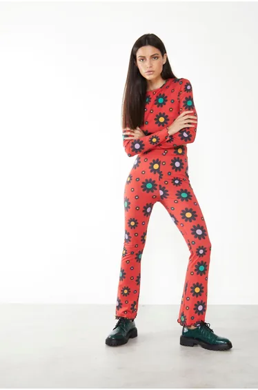 Glamorous Care Red Bright Daisy Long Sleeve Crop Top