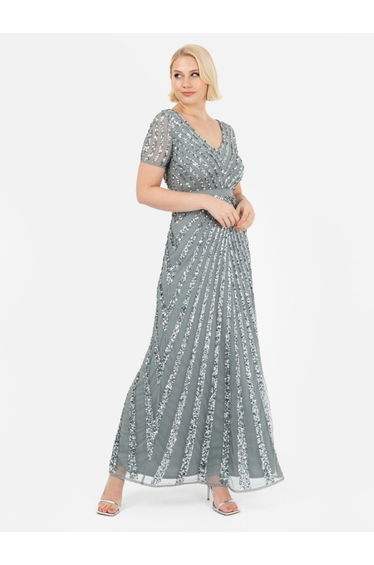 Maya Misty Green Short Sleeve Stripe Embellished Maxi Dress