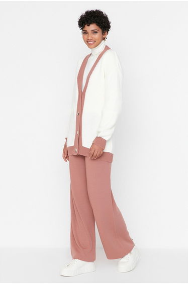 Dried Rose Stripe Detailed Cardigan-Pants Knitwear Set