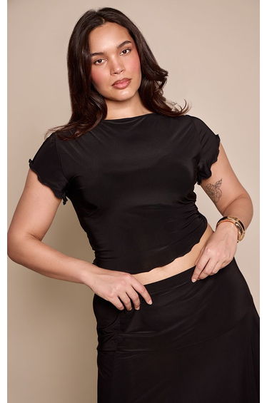Plus Basic Black Soft Touch Scallop Edge T-Shirt