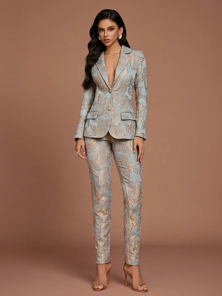 QOQ Fashion Design Long Sleeve Jacket Skinny Pants Two Piece Set Ladies Suit Outfit - 5