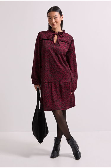 Petite Brown Animal Tie Neck Tiered Smock Jersey Mini Dress