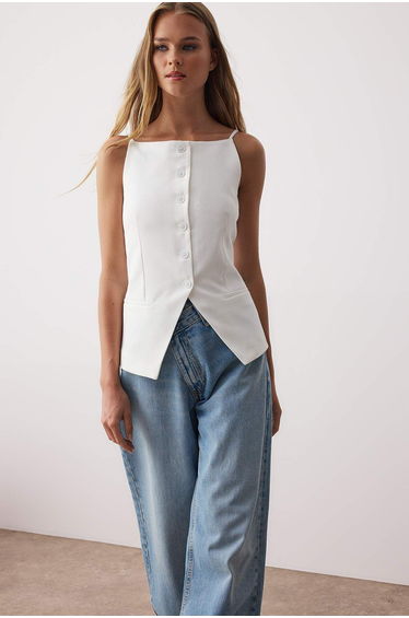 White Regular Length Strappy Fitted Woven Vest