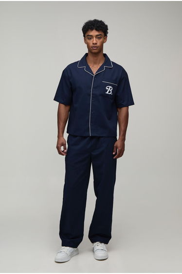 Oversized Pocket Detail Twill Shirt & Relaxed Trouser Set - navy