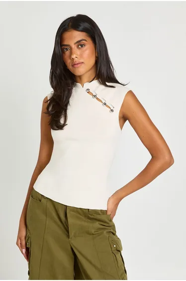 Button Detail Knitted Top - ecru