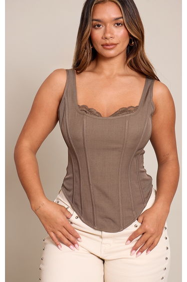 Shape Mocha Square Neck Lace Trim Longline Corset Top