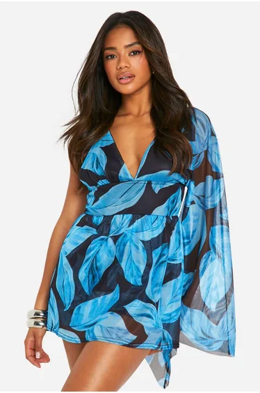 Lined Mesh Leaf Print Skort Playsuit - black