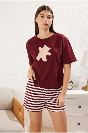 Claret Red 100% Cotton Teddy Bear Shorts Knitted Pajama Set