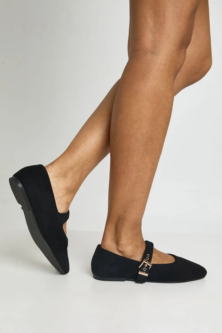 Wide Fit Buckle Detail Mary Jane Ballet Flats - black