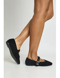 Wide Fit Buckle Detail Mary Jane Ballet Flats - black