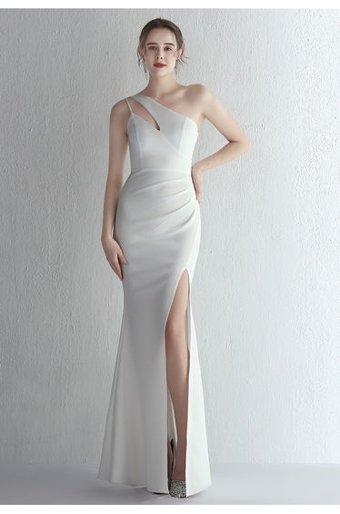 Cutout One-Shoulder Split Gown in White