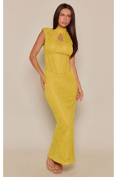 Chartreuse Lace Keyhole Corset Detail Maxi Dress