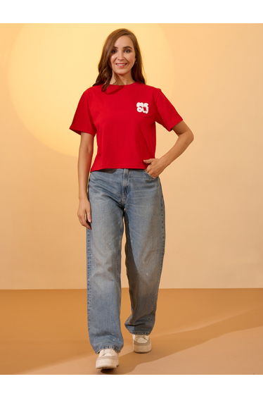 Red Round Neck Graphic Print Oversized T-Shirt