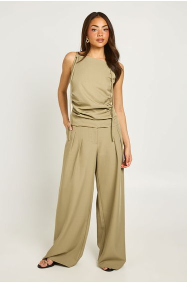 Tailored Wide Leg Trousers - khaki