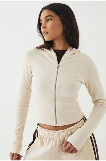 DSGN Studio Zip Through Hooded Rib Top - stone