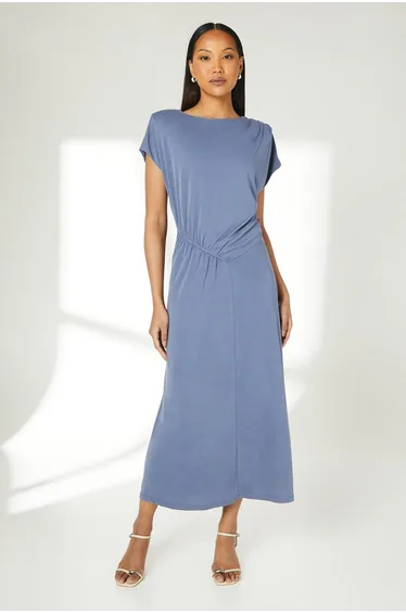 Blue Cupro Jersey Ruched Detail Midi Dress