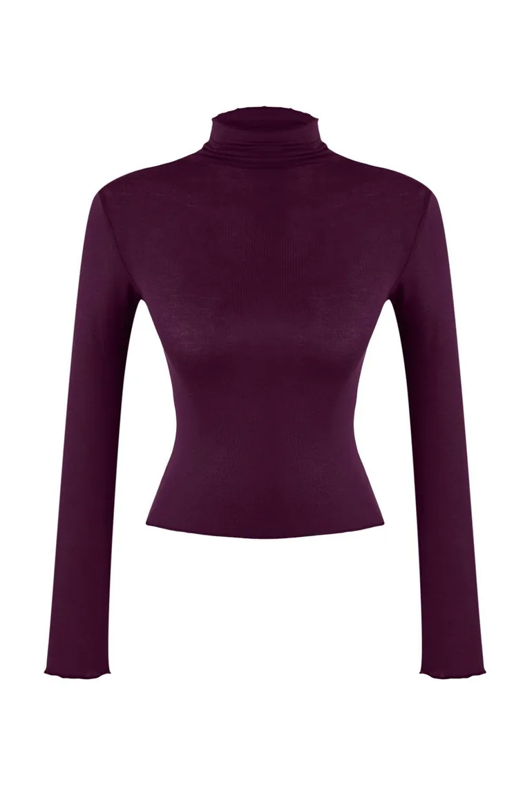 Purple Transparent Mock Neck Flexible Regular Length Knitted Blouse - 2