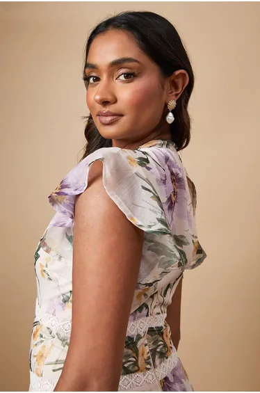 Floral Printed Chiffon Lace Insert Dress