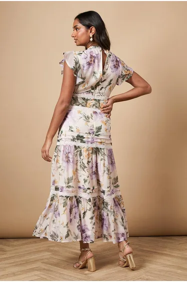 Floral Printed Chiffon Lace Insert Dress