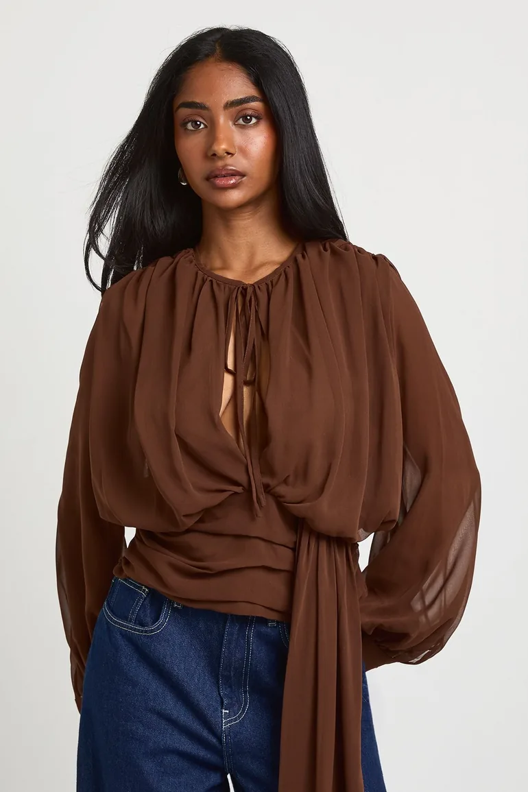 Draped Chiffon Plunge Blouse - chocolate - 1