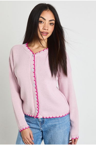 Blanket Stitch Knitted Crop Cardigan - pink