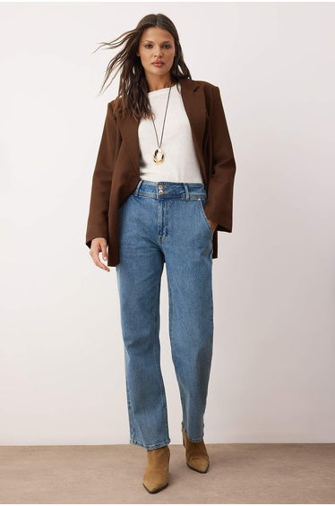 Blue Waist Detailed High Waist Comfort Straight Jeans