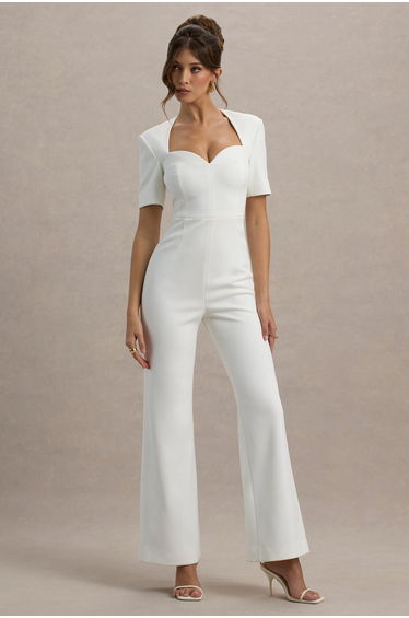 Simone | White Sweetheart Short-Sleeve Wide-Leg Jumpsuit