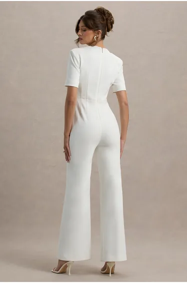 Simone | White Sweetheart Short-Sleeve Wide-Leg Jumpsuit