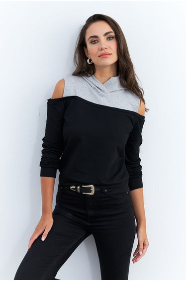 Women's Black-Grey Off-Shoulder Hoodie