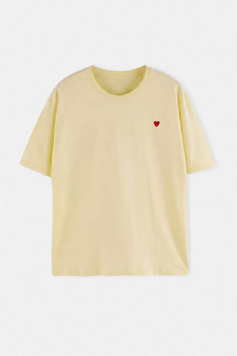 Yellow Short Sleeve Embroidered Tok 100% Cotton Knitted T-Shirt - 1