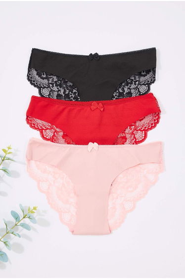 Black-Red-Powder 3-Pack Micro Lace and Ribbon/Bow Detailed Knitted Brazilian Panties