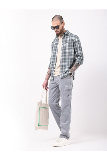 Men Grey Straight Fit Corduroy Cargo Trousers