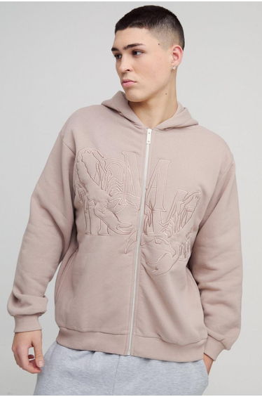 Oversized Homme Twill Applique Zip Through Hoodie - taupe