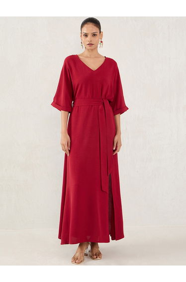 Maroon Solid V Neck A-Line Maxi Dress with Side Slit