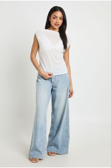 Sheer Draped Neck Sleeveless Top - white