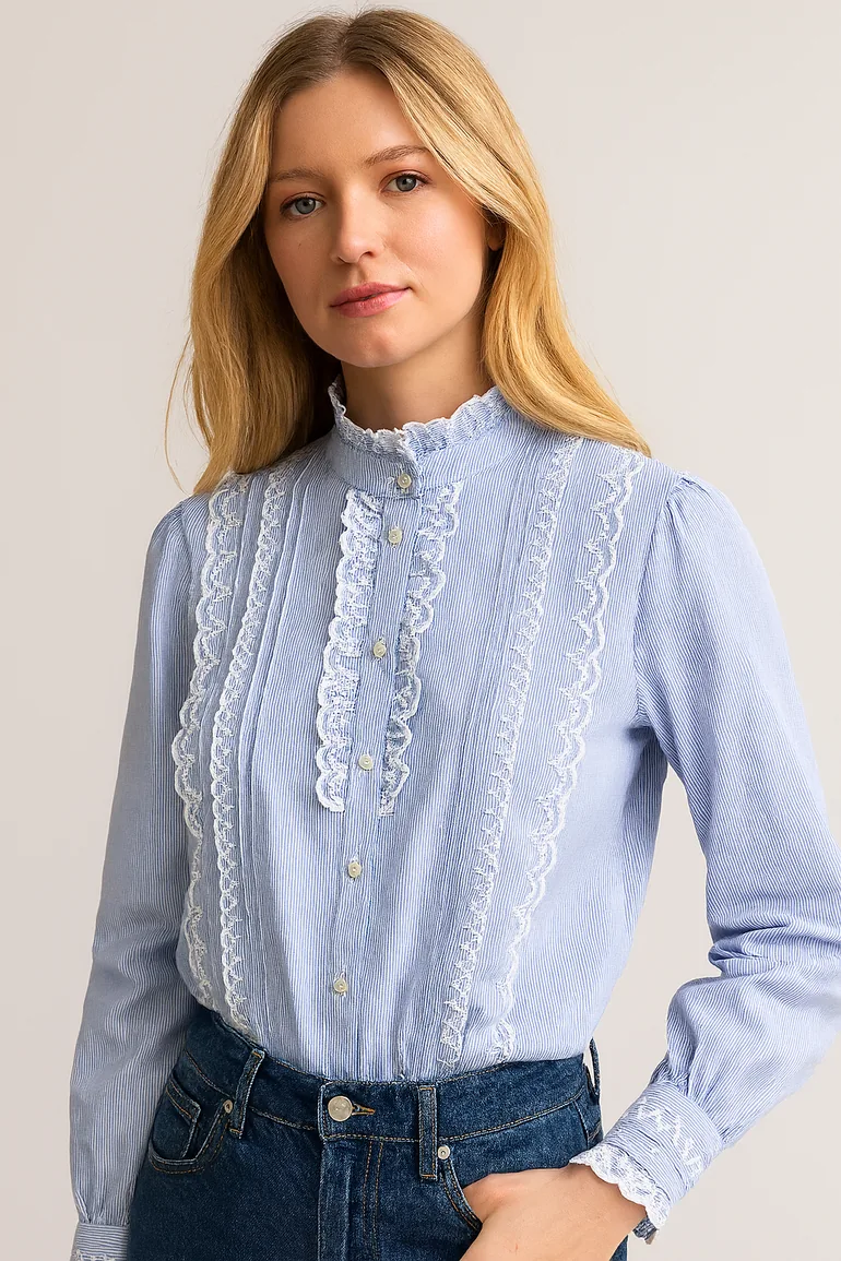 Eugénie Organic Cotton Shirt in Striped Print with Ruffles
