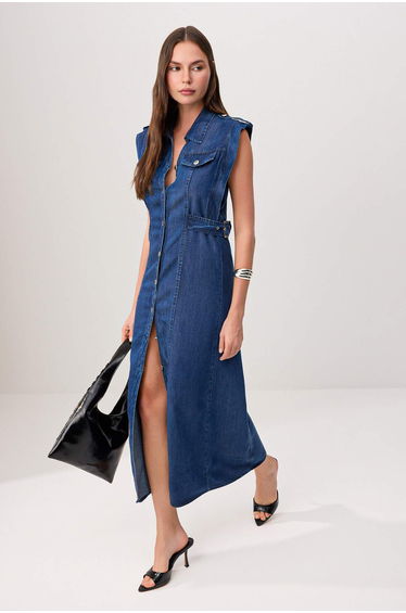 Dark Blue Plain Maxi Buttoned Denim Dress