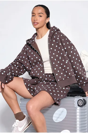 Polka Dot Boxy Zip Through Crop Hoodie - chocolate